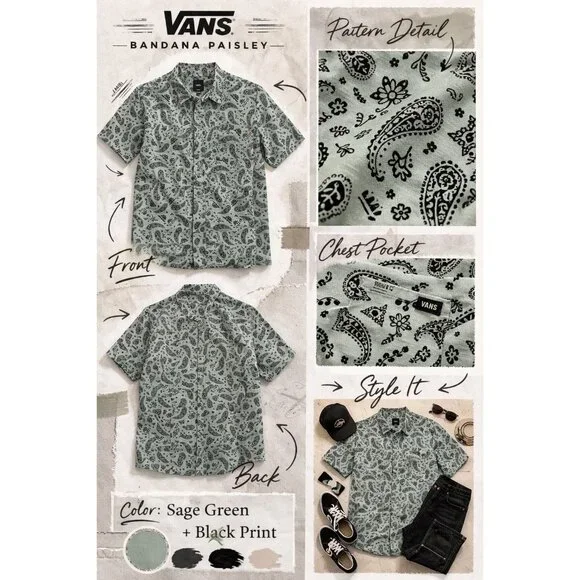 🛹 Vans Sage Green Bandana Paisley Short Sleeve Button Up Shirt L 🛹 - Picture 4 of 6